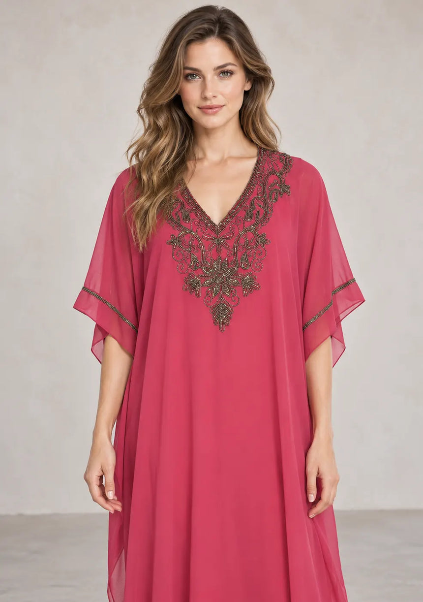 ibBan Women’s Hand Embroidered Georgette Kaftan Dress -Zava