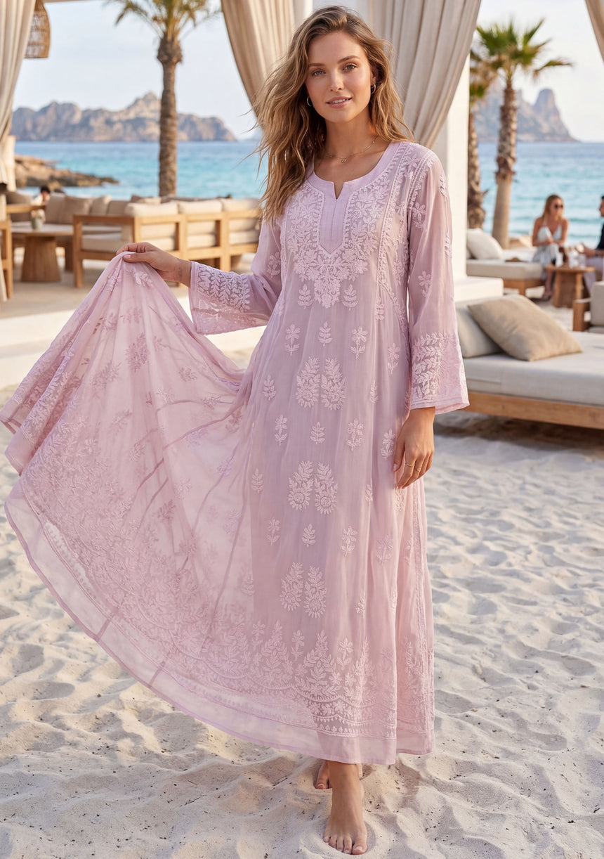 Vestido maxi de algodón con cuello redondo para mujer - Aanshi
