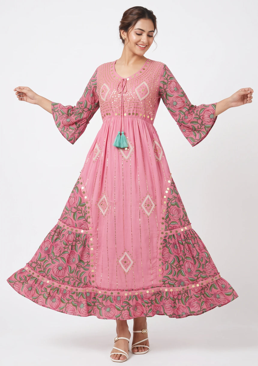 ibBan Floral Cotton Maxi Dress with Bell Sleeves - Jumani