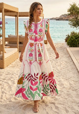Vestido largo de algodón con cuello redondo para mujer - Barika