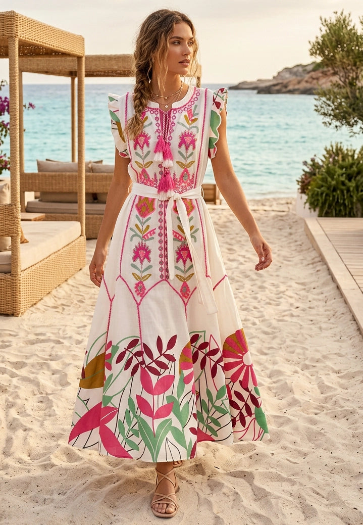 Vestido largo de algodón con cuello redondo para mujer - Barika