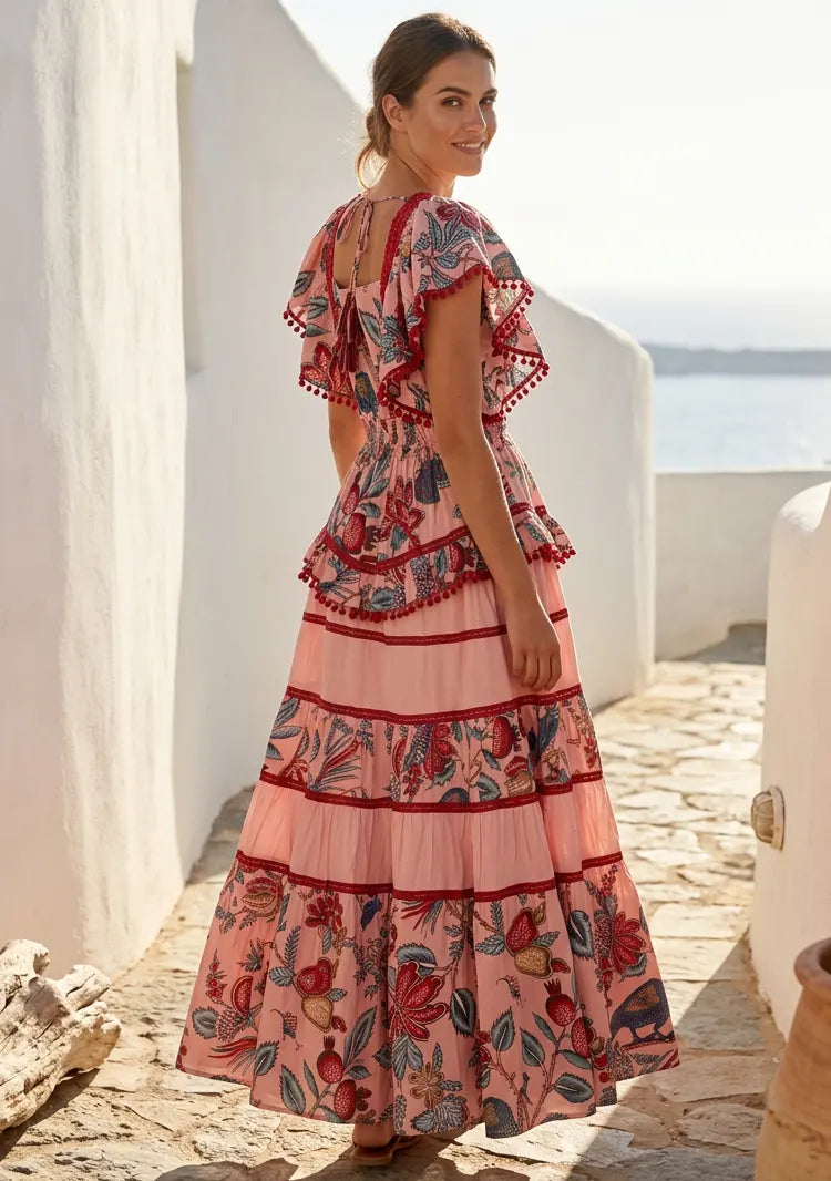 ibBan Embroidered Cotton Maxi Dress with Tiered Floral  - Lamis