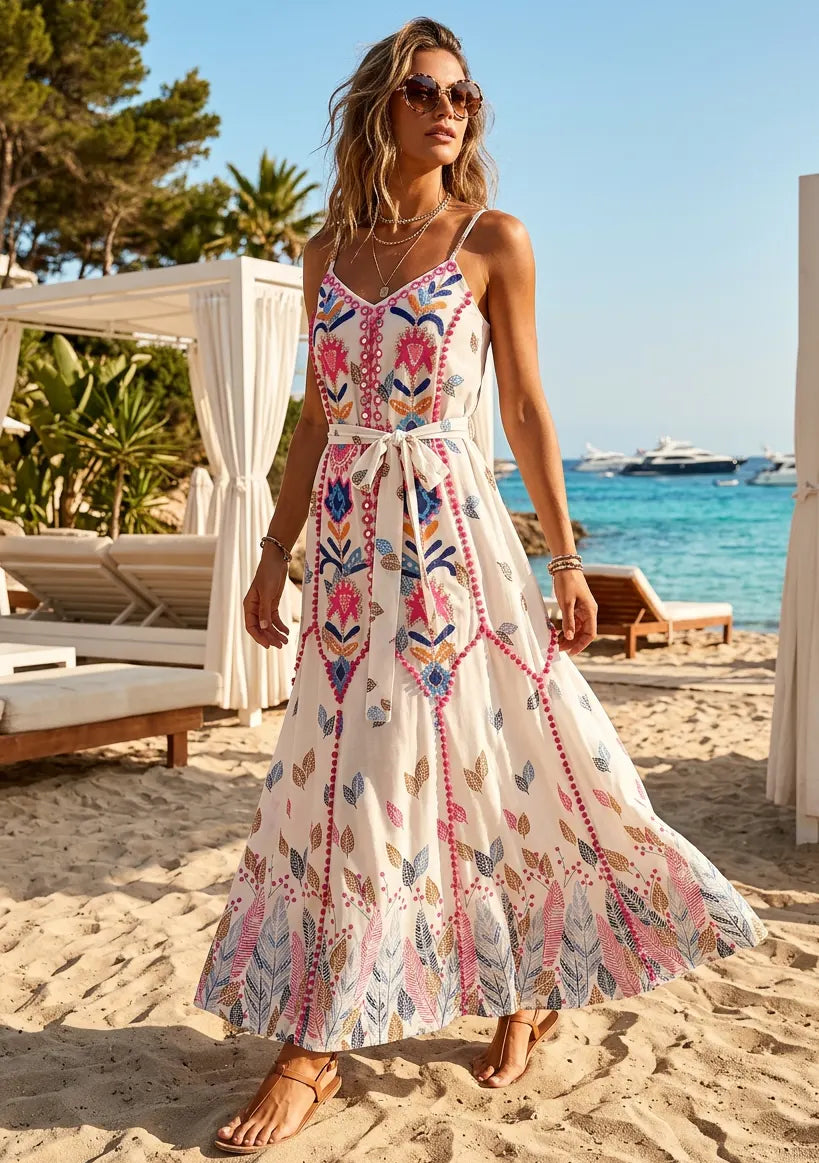 Maxivestido de algodón con cuello en V para mujer - Lulama