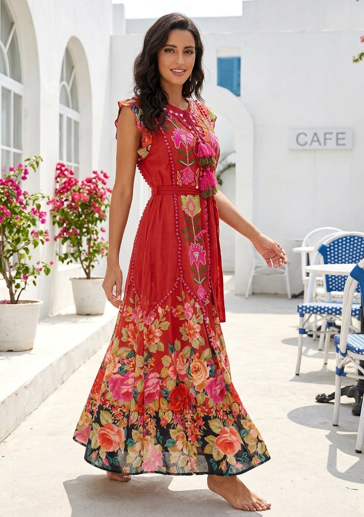 ibBan Floral Hand Embroidered Cotton Long Dres -Nagozi