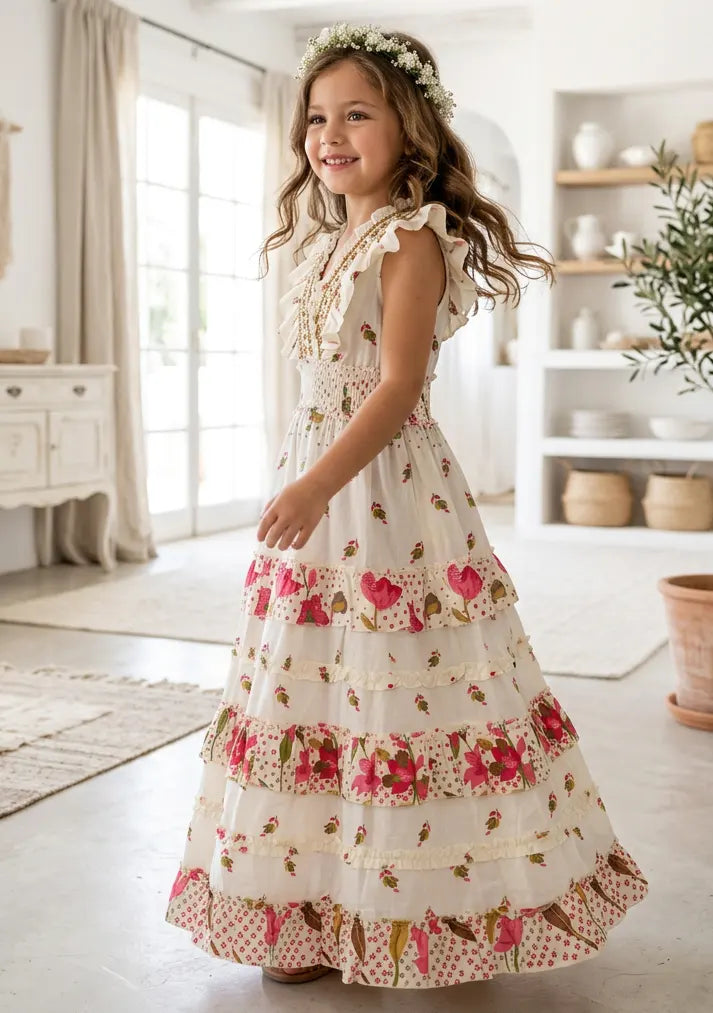 Robe longue en coton à col en V pour fille - Aina