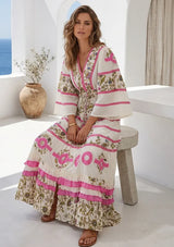 Women's Hand Embroidered Soft Luxury Cotton Maxi Dress V-Neck- Marashi