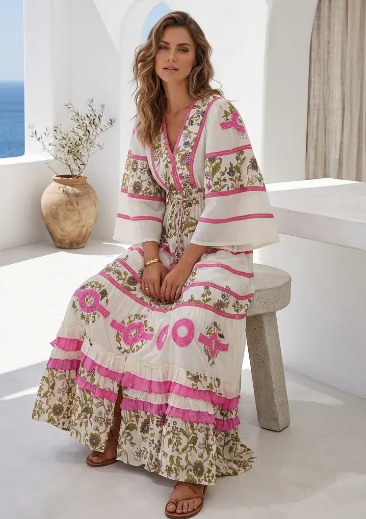 Women's Hand Embroidered Soft Luxury Cotton Maxi Dress V-Neck- Marashi
