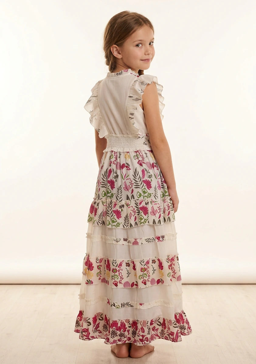 Vestido largo de algodón con cuello en V para niña - Aina