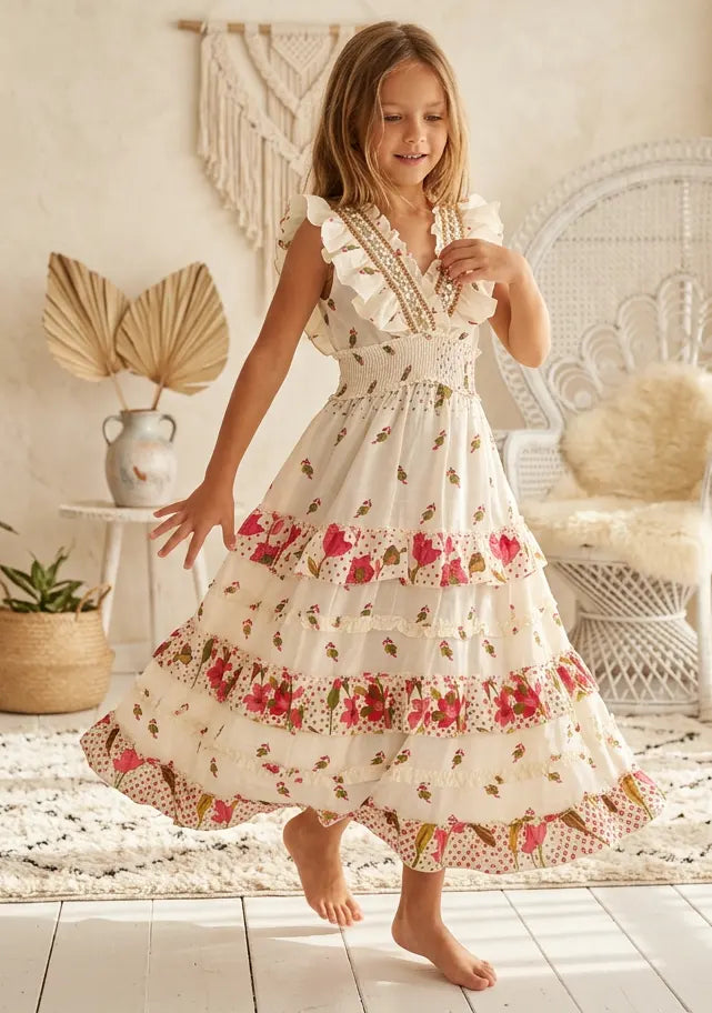 Robe longue en coton à col en V pour fille - Aina