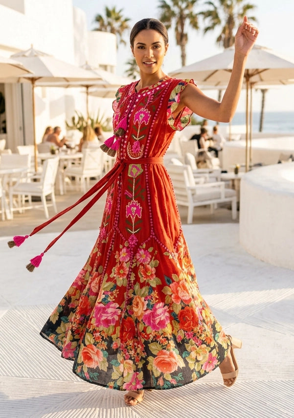 ibBan Floral Hand Embroidered Cotton Long Dres -Nagozi