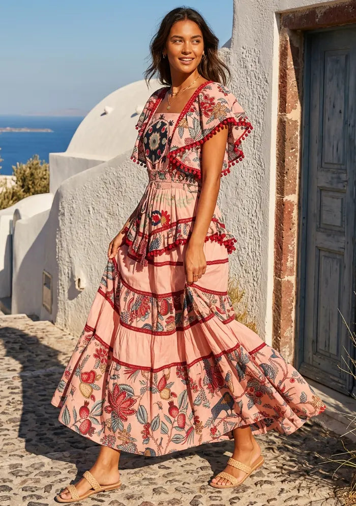 ibBan Embroidered Cotton Maxi Dress with Tiered Floral  - Lamis