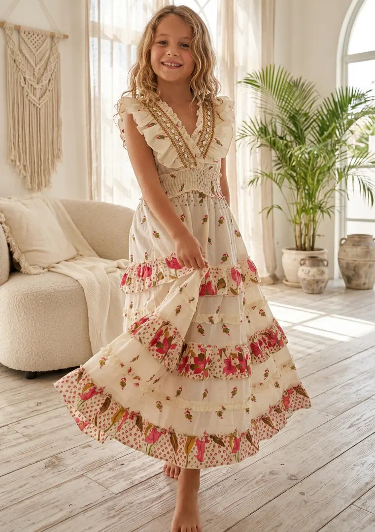Robe longue en coton à col en V pour fille - Aina