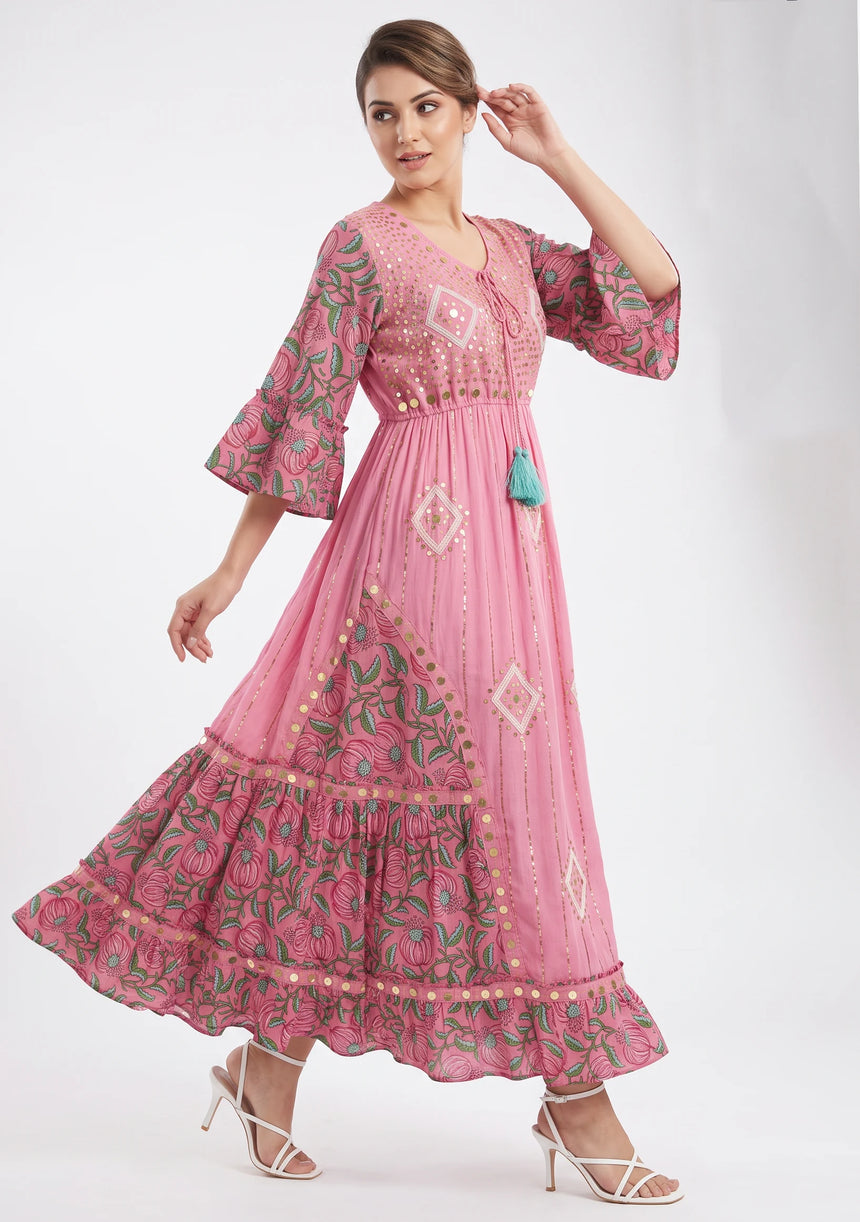 ibBan Floral Cotton Maxi Dress with Bell Sleeves - Jumani