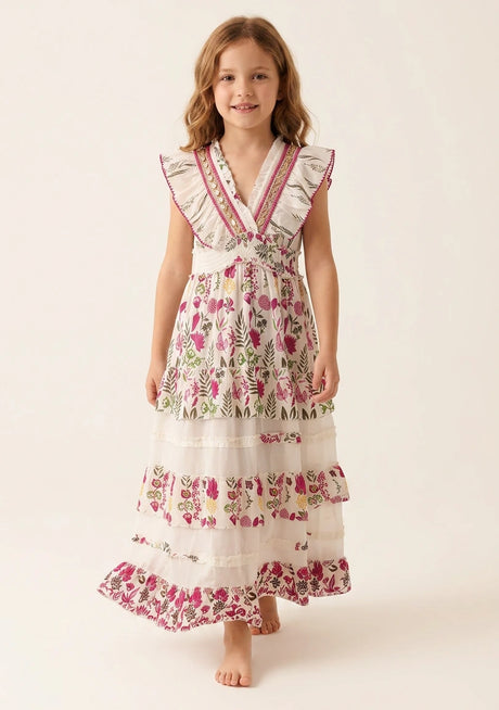 Vestido largo de algodón con cuello en V para niña - Aina