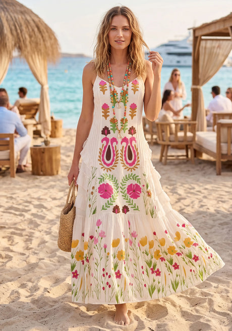 Vestido largo de algodón con cuello cuadrado para mujer - Zewena