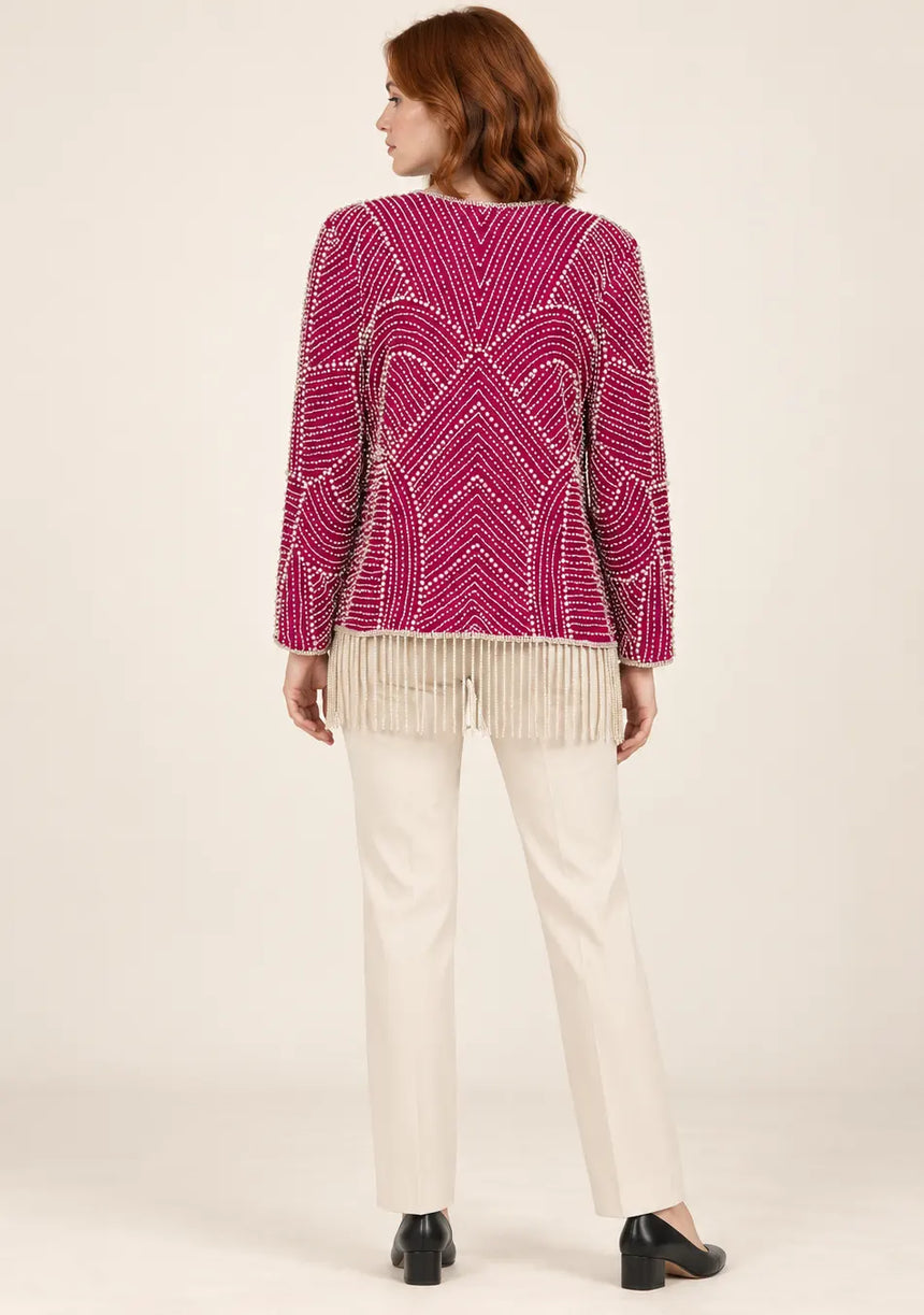 ibabn Women’s Hand Beaded Fringe Jacket - Amaya