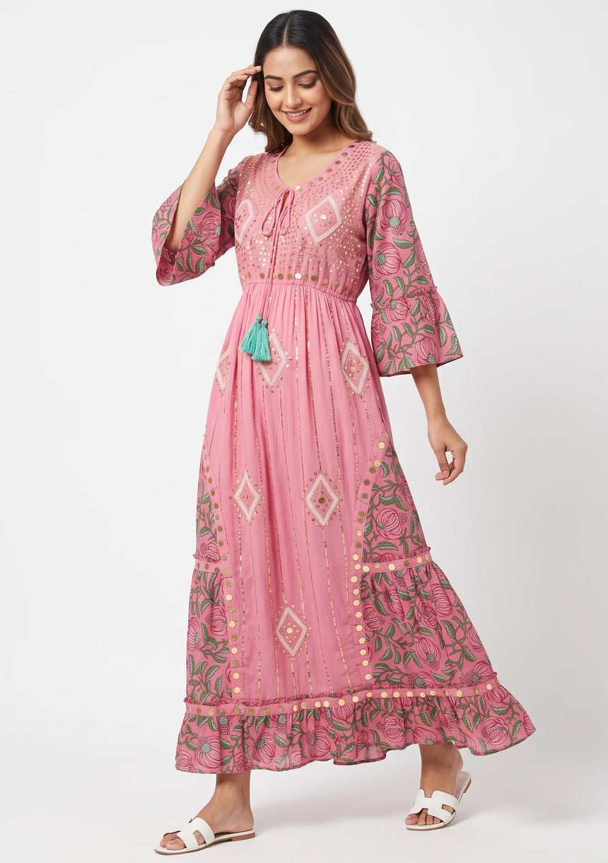 ibBan Floral Cotton Maxi Dress with Bell Sleeves - Jumani