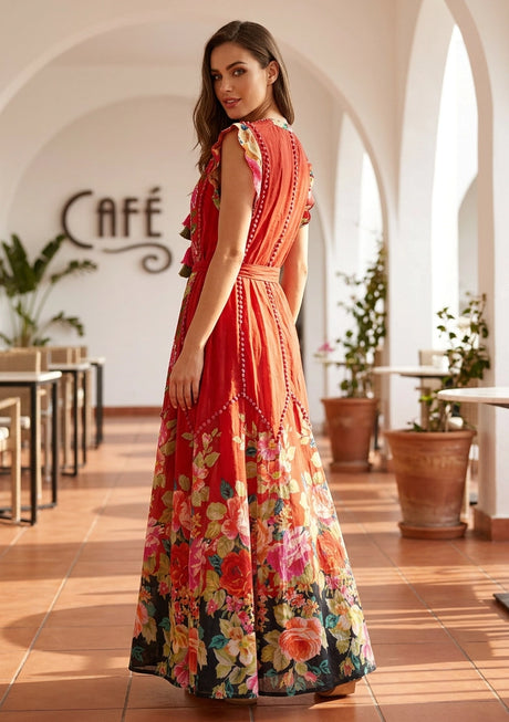 Vestido Maxi de Algodón Bordado a Mano para Mujer Cuello Redondo - Nagozi