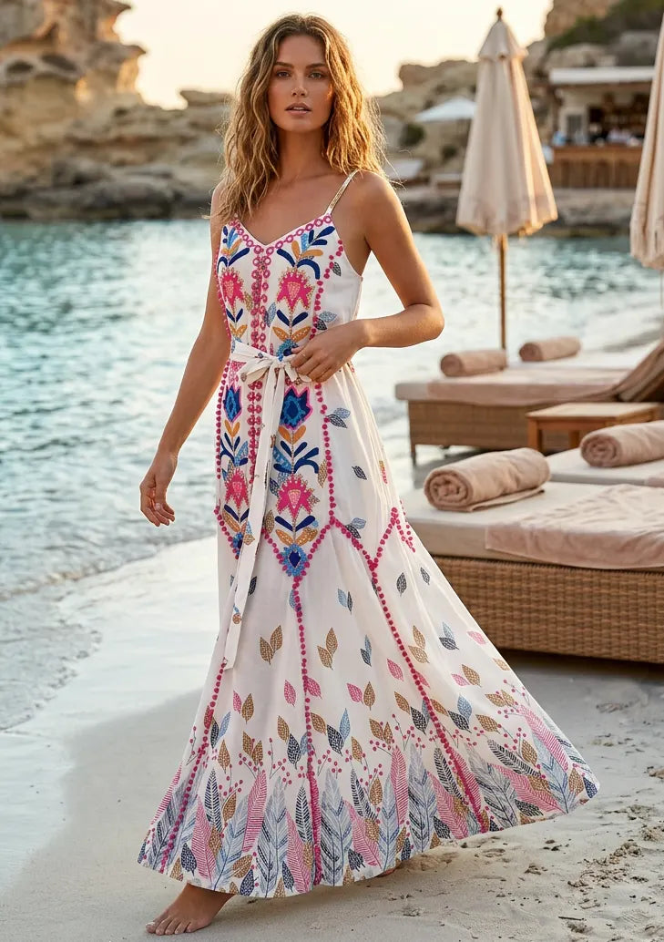 Maxivestido de algodón con cuello en V para mujer - Lulama