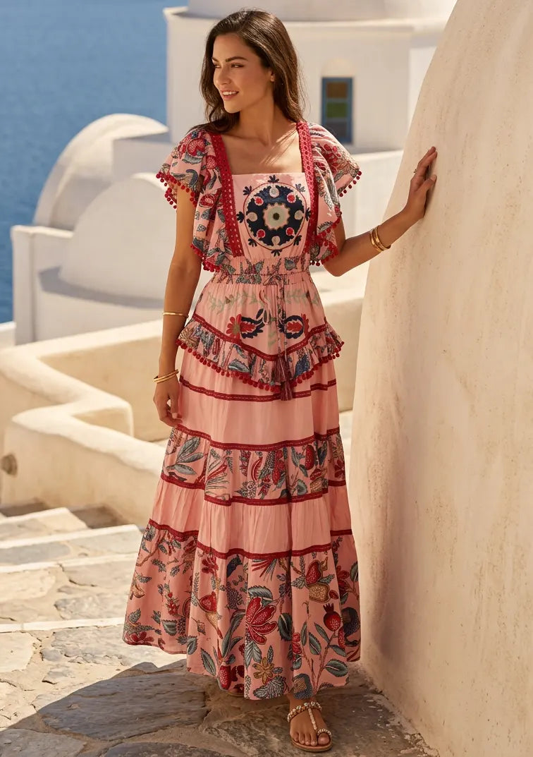 ibBan Embroidered Cotton Maxi Dress with Tiered Floral  - Lamis