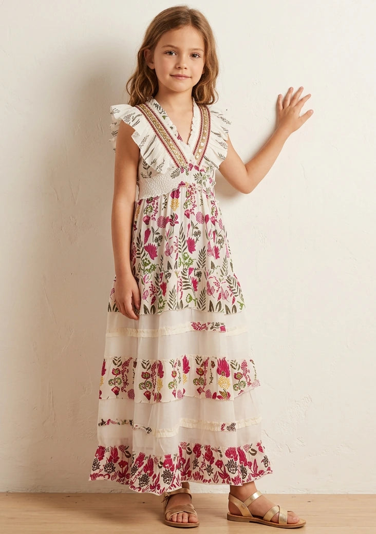 Vestido largo de algodón con cuello en V para niña - Aina