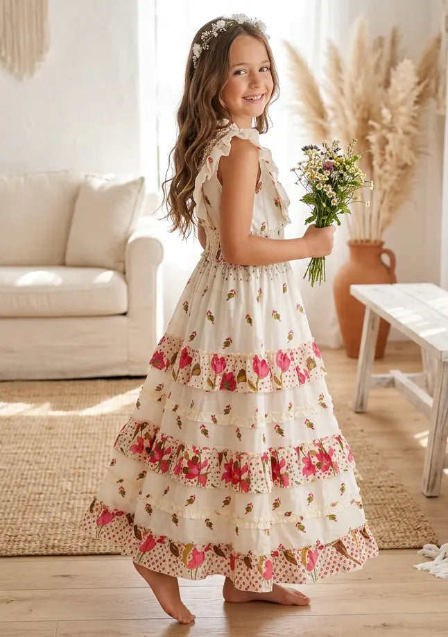 Robe longue en coton à col en V pour fille - Aina