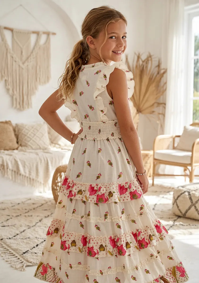 Robe longue en coton à col en V pour fille - Aina