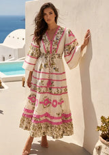 Women's Hand Embroidered Soft Luxury Cotton Maxi Dress V-Neck- Marashi