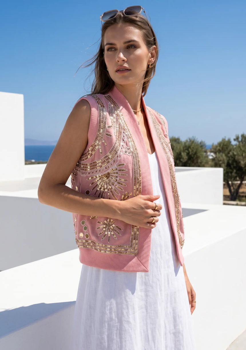 ibBan Hand Embroidered Cotton Canvas Gilet | Luxury Women's Statement Vest - Yara