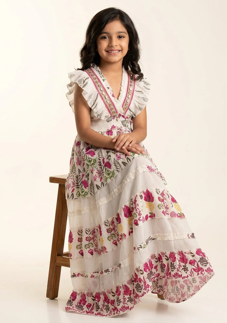 Vestido largo de algodón con cuello en V para niña - Aina