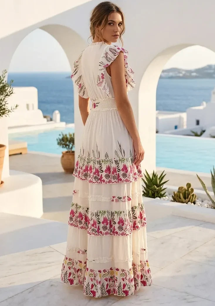 Vestido Largo de Algodón Bordado a Mano para Mujer con Cuello en V - Aina