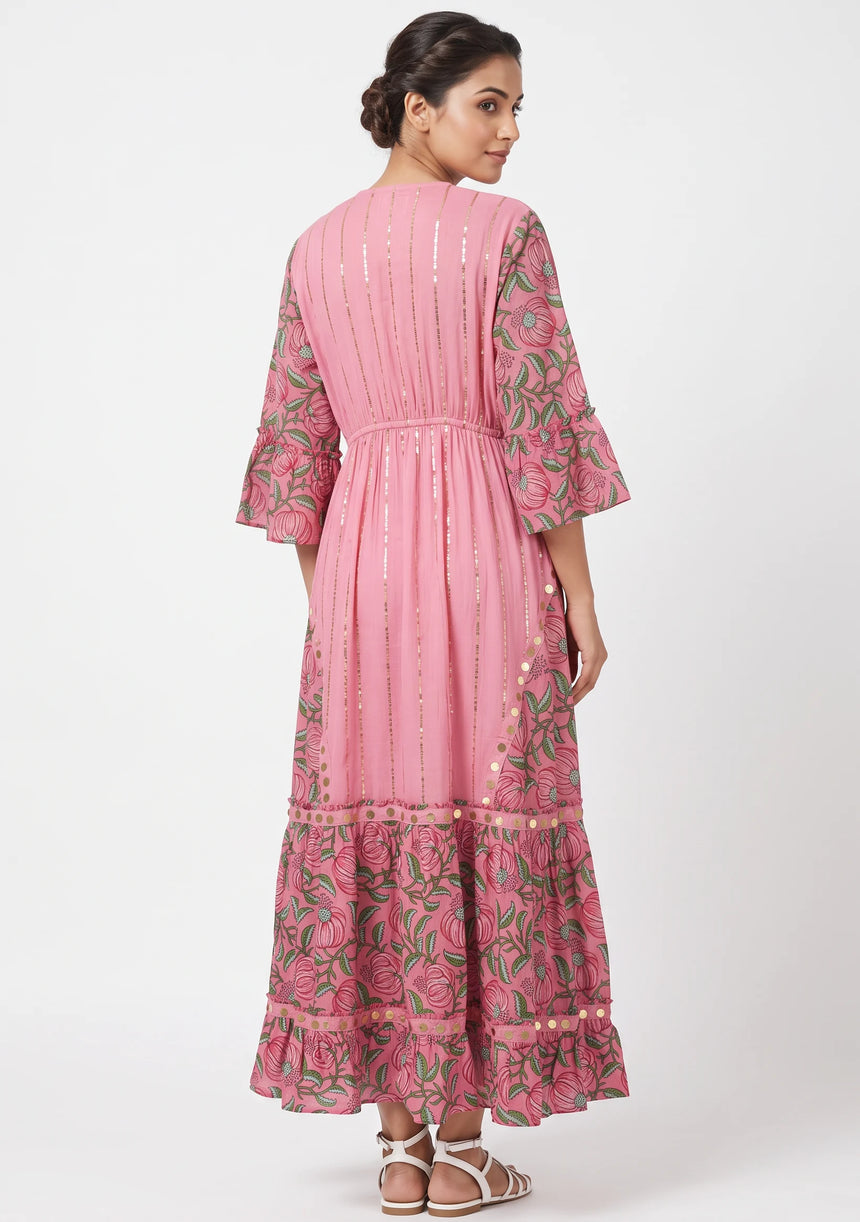 ibBan Floral Cotton Maxi Dress with Bell Sleeves - Jumani