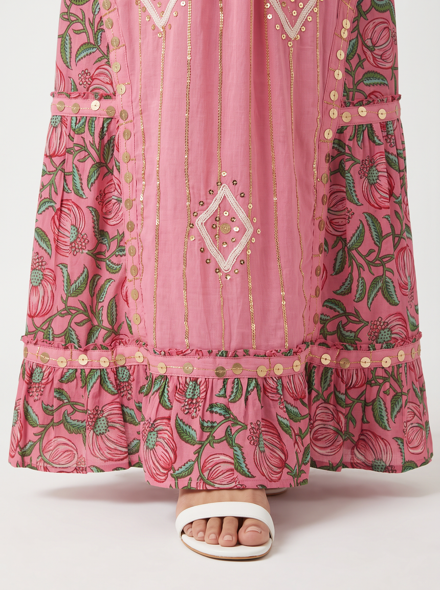 ibBan Floral Cotton Maxi Dress with Bell Sleeves - Jumani