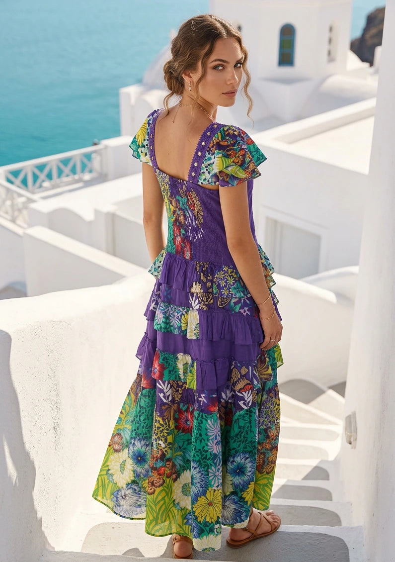 Vestido largo de algodón con cuello en V para mujer - Sanura
