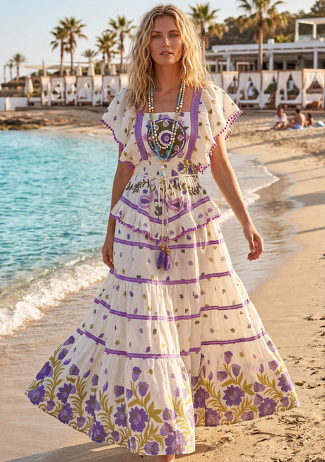 Vestido largo de algodón con cuello drapeado para mujer - Nomsa