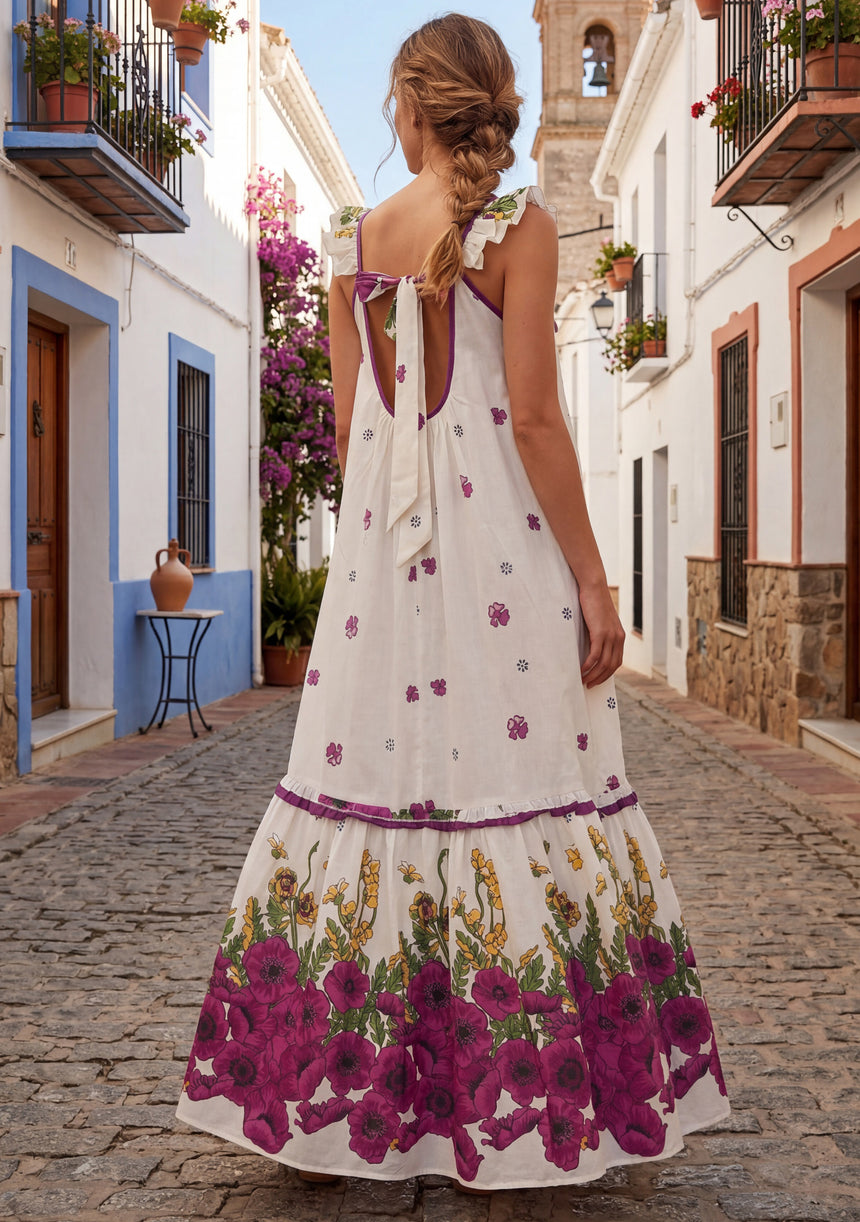Maxivestido de algodón con cuello redondo para mujer - Sola