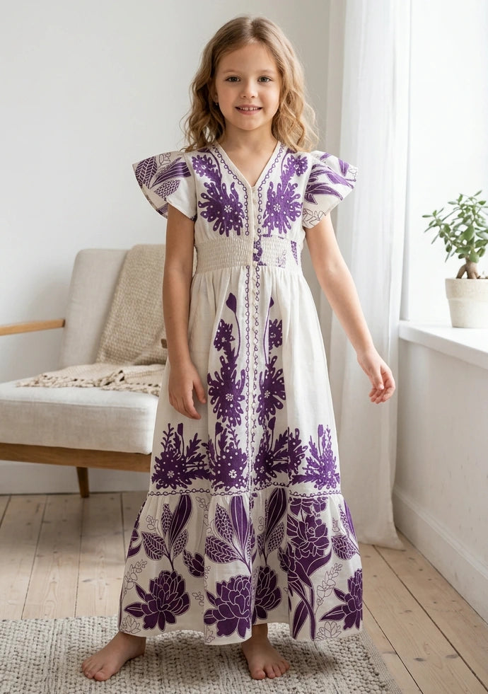 Girls' Printed Cotton dress V-Neck - Yamira
