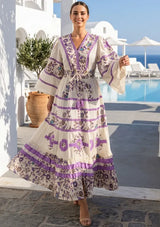 Women's Hand Embroidered Soft Luxury Cotton Maxi Dress V-Neck- Marashi