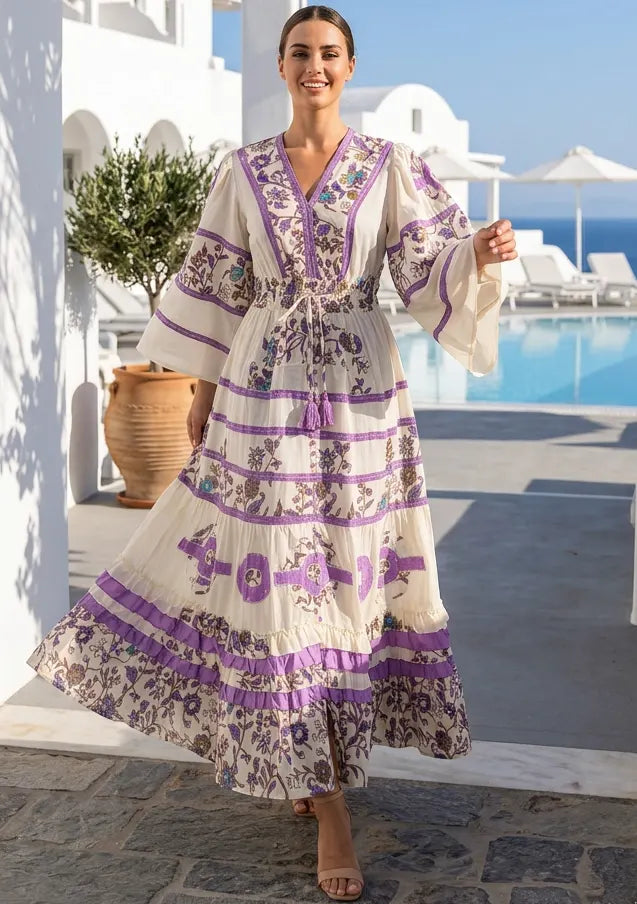 Women's Hand Embroidered Soft Luxury Cotton Maxi Dress V-Neck- Marashi