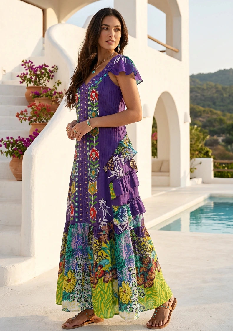 Vestido largo de algodón con cuello en V para mujer - Sanura