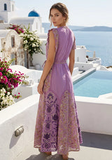 Women's Hand Embroidered Luxury Cotton Long Dress Round Tie-Up Neck - Seliza