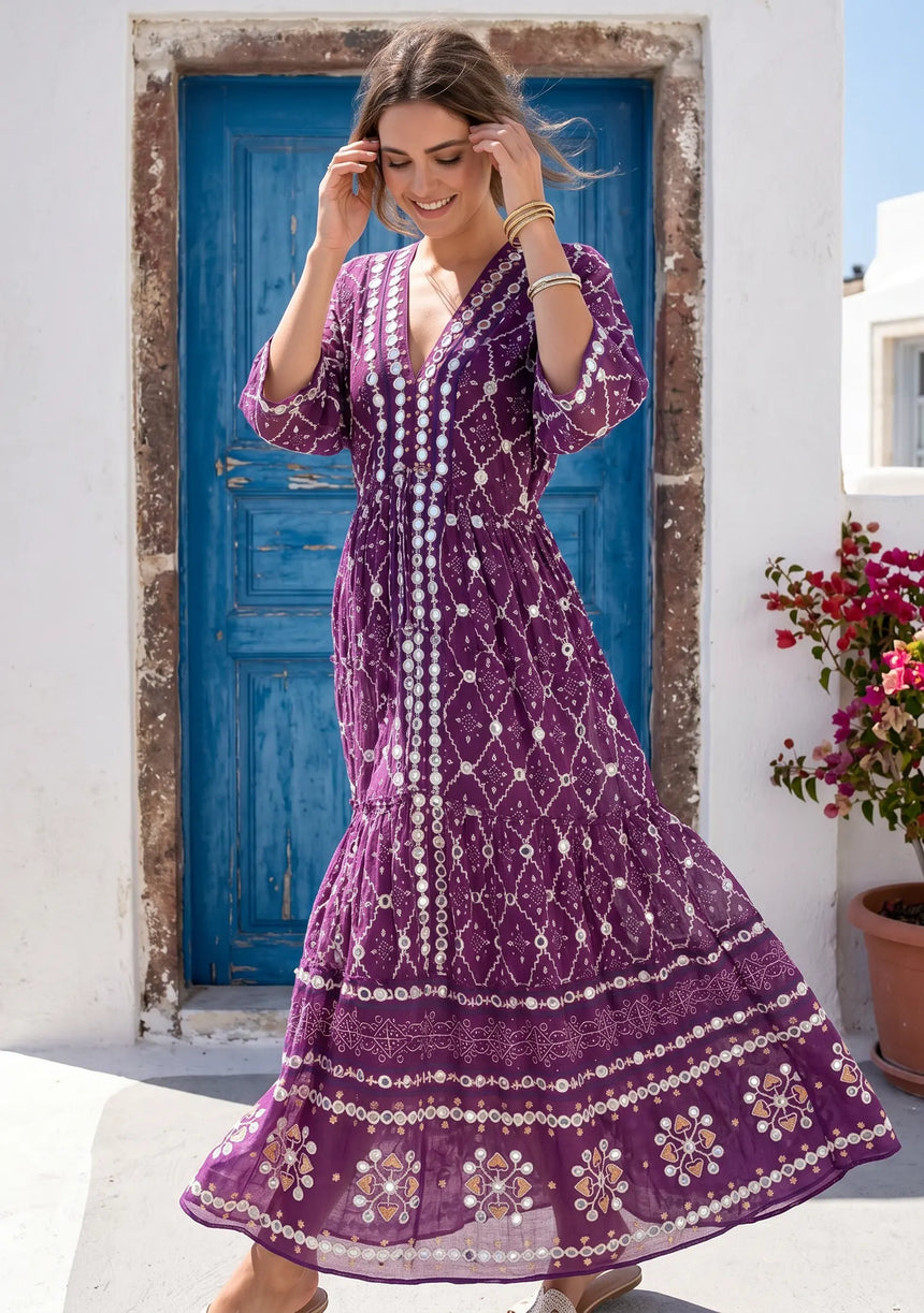 ibBan Hand Embroidered Cotton Maxi Dress | Luxury Boho Resort -Fabiya