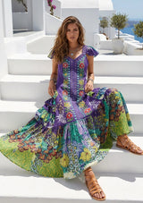 Vestido largo de algodón con cuello en V para mujer - Sanura