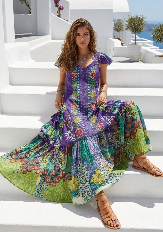 Vestido largo de algodón con cuello en V para mujer - Sanura