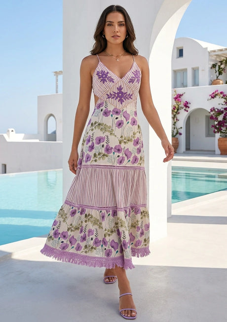 Women's Hand Embroidered Printed Luxury Cotton Sleeveless Strap Dress Halter Neck- Sarifa