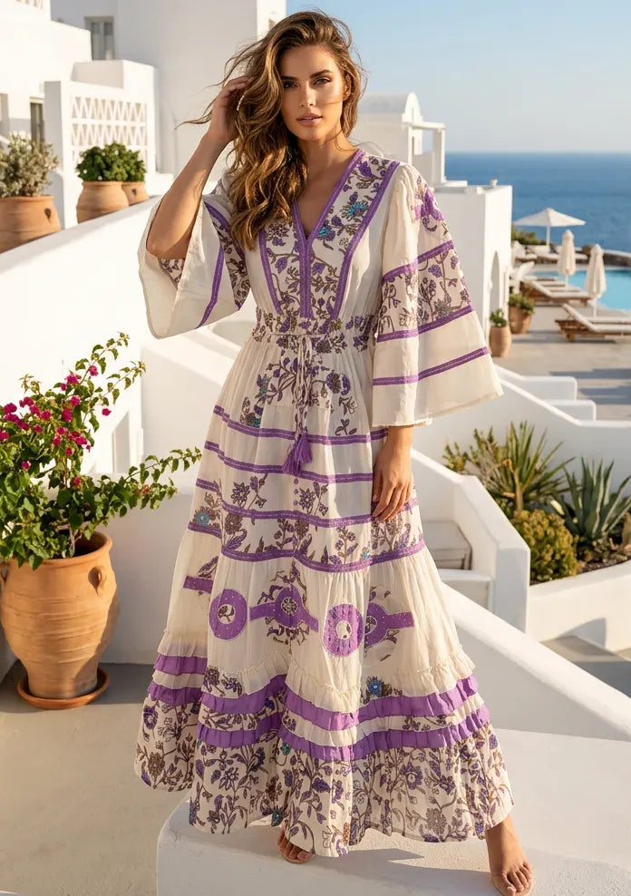 Women's Hand Embroidered Soft Luxury Cotton Maxi Dress V-Neck- Marashi