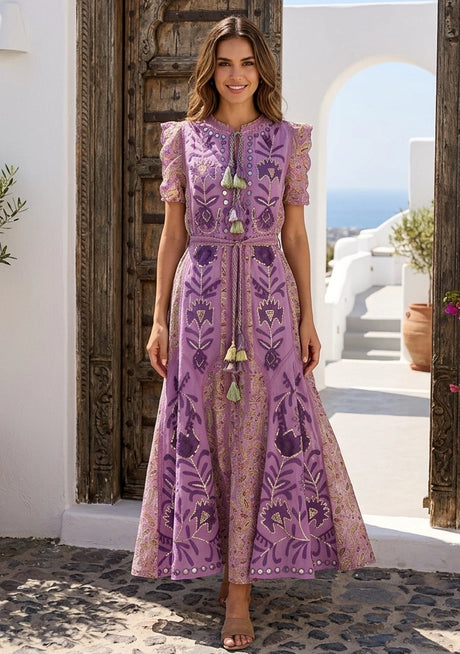 Women's Hand Embroidered Luxury Cotton Long Dress Round Tie-Up Neck - Seliza