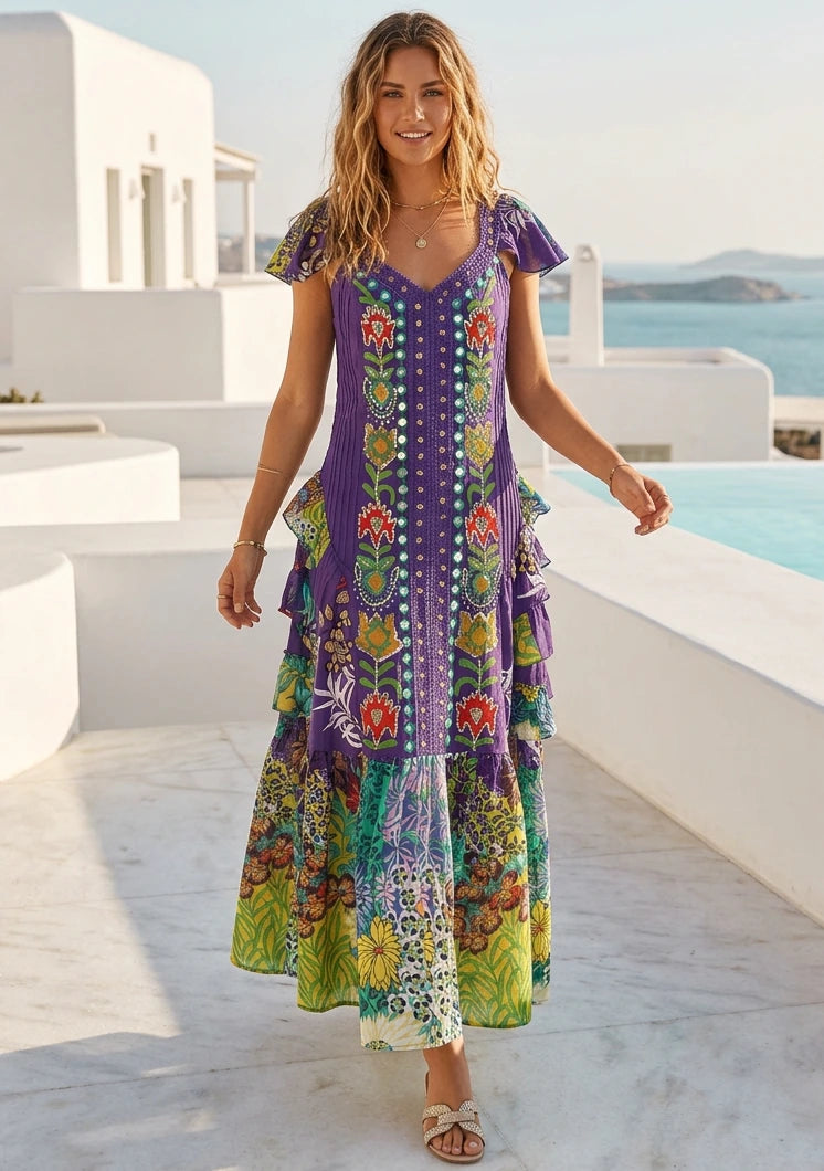 Vestido largo de algodón con cuello en V para mujer - Sanura