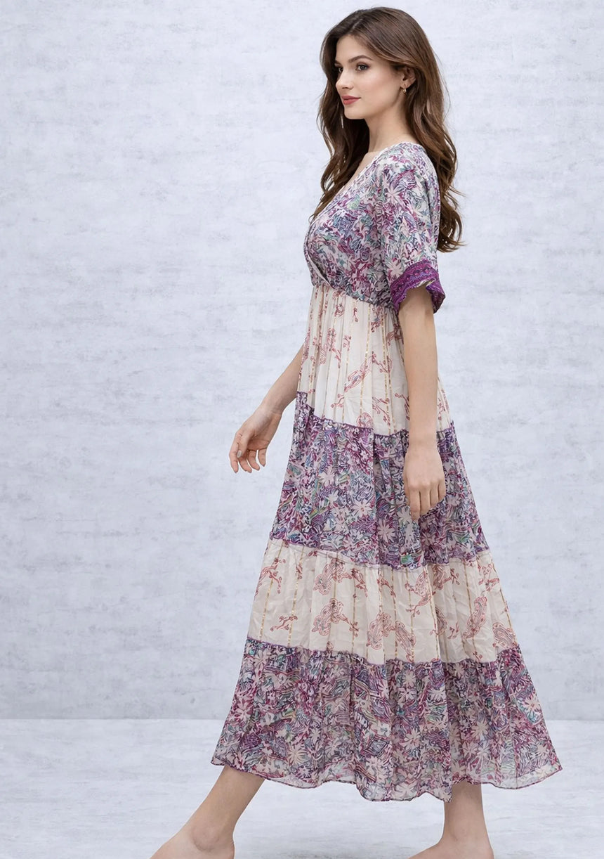 ibBan Printed Cotton & Silk Blend Maxi Dress | Luxury Boho  Dress -Rezza Long Dress