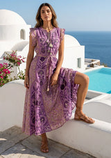 Women's Hand Embroidered Luxury Cotton Long Dress Round Tie-Up Neck - Seliza